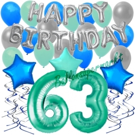 63. Geburtstag Dekorations-Set mit Ballons Happy Birthday Aquamarin, 34 Teile