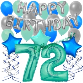 72. Geburtstag Dekorations-Set mit Ballons Happy Birthday Aquamarin, 34 Teile