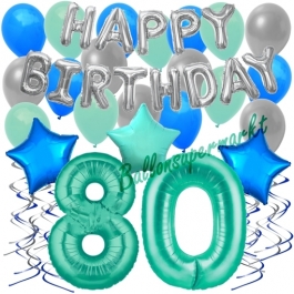 80. Geburtstag Dekorations-Set mit Ballons Happy Birthday Aquamarin, 34 Teile