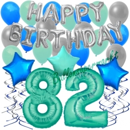 82. Geburtstag Dekorations-Set mit Ballons Happy Birthday Aquamarin, 34 Teile