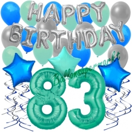83. Geburtstag Dekorations-Set mit Ballons Happy Birthday Aquamarin, 34 Teile