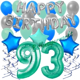 93. Geburtstag Dekorations-Set mit Ballons Happy Birthday Aquamarin, 34 Teile