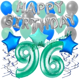 96. Geburtstag Dekorations-Set mit Ballons Happy Birthday Aquamarin, 34 Teile