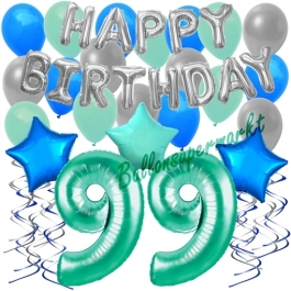 99. Geburtstag Dekorations-Set mit Ballons Happy Birthday Aquamarin, 34 Teile