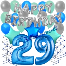 29. Geburtstag Dekorations-Set mit Ballons Happy Birthday Blue, 34 Teile