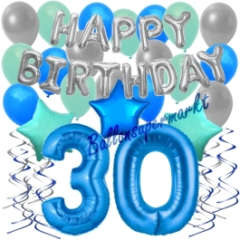 30. Geburtstag Dekorations-Set mit Ballons Happy Birthday Blue, 34 Teile