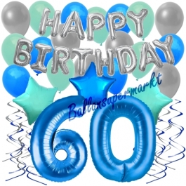 60. Geburtstag Dekorations-Set mit Ballons Happy Birthday Blue, 34 Teile