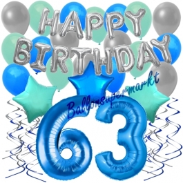 63. Geburtstag Dekorations-Set mit Ballons Happy Birthday Blue, 34 Teile