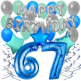 67. Geburtstag Dekorations-Set mit Ballons Happy Birthday Blue, 34 Teile
