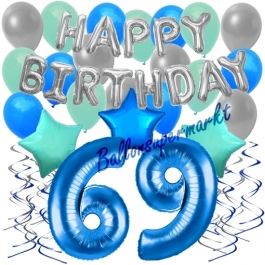 69. Geburtstag Dekorations-Set mit Ballons Happy Birthday Blue, 34 Teile
