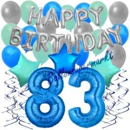 83. Geburtstag Dekorations-Set mit Ballons Happy Birthday Blue, 34 Teile