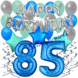 85. Geburtstag Dekorations-Set mit Ballons Happy Birthday Blue, 34 Teile