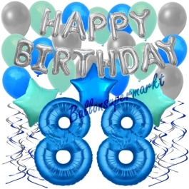 88. Geburtstag Dekorations-Set mit Ballons Happy Birthday Blue, 34 Teile