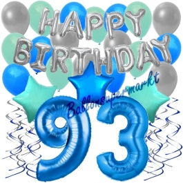 93. Geburtstag Dekorations-Set mit Ballons Happy Birthday Blue, 34 Teile