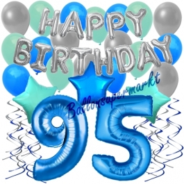 95. Geburtstag Dekorations-Set mit Ballons Happy Birthday Blue, 34 Teile