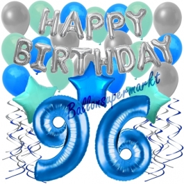 96. Geburtstag Dekorations-Set mit Ballons Happy Birthday Blue, 34 Teile