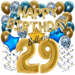 Dekorations-Set mit Ballons zum 29. Geburtstag, Happy Birthday Chrome Blue & Gold, 34 Teile