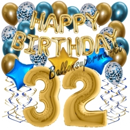 Dekorations-Set mit Ballons zum 32. Geburtstag, Happy Birthday Chrome Blue & Gold, 34 Teile