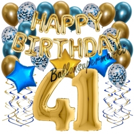 Dekorations-Set mit Ballons zum 41. Geburtstag. Geburtstag, Happy Birthday Chrome Blue & Gold, 34 Teile