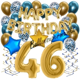Dekorations-Set mit Ballons zum 46. Geburtstag. Geburtstag, Happy Birthday Chrome Blue & Gold, 34 Teile