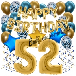 Dekorations-Set mit Ballons zum 52. Geburtstag. Geburtstag, Happy Birthday Chrome Blue & Gold, 34 Teile
