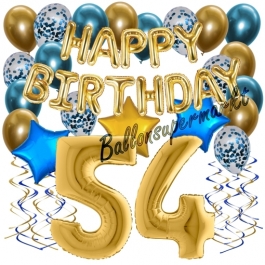 Dekorations-Set mit Ballons zum 54. Geburtstag. Geburtstag, Happy Birthday Chrome Blue & Gold, 34 Teile