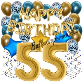 Dekorations-Set mit Ballons zum 55. Geburtstag. Geburtstag, Happy Birthday Chrome Blue & Gold, 34 Teile