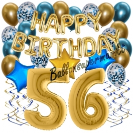 Dekorations-Set mit Ballons zum 56. Geburtstag. Geburtstag, Happy Birthday Chrome Blue & Gold, 34 Teile
