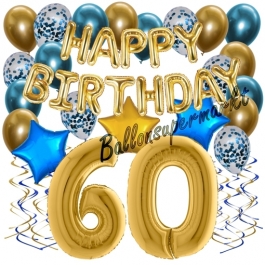 Dekorations-Set mit Ballons zum 60. Geburtstag, Happy Birthday Chrome Blue & Gold, 34 Teile
