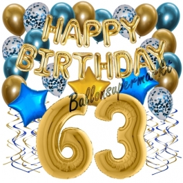 Dekorations-Set mit Ballons zum 63. Geburtstag. Geburtstag, Happy Birthday Chrome Blue & Gold, 34 Teile
