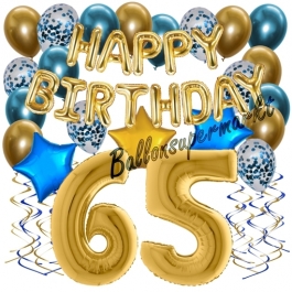 Dekorations-Set mit Ballons zum 65. Geburtstag, Happy Birthday Chrome Blue & Gold, 34 Teile