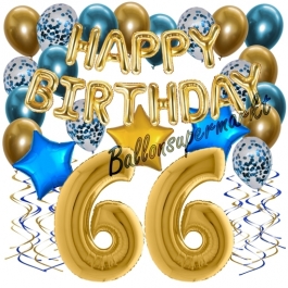 Dekorations-Set mit Ballons zum 66. Geburtstag, Happy Birthday Chrome Blue & Gold, 34 Teile