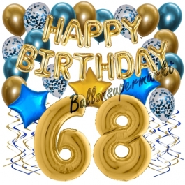 Dekorations-Set mit Ballons zum 68. Geburtstag, Happy Birthday Chrome Blue & Gold, 34 Teile