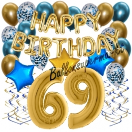 Dekorations-Set mit Ballons zum 69. Geburtstag, Happy Birthday Chrome Blue & Gold, 34 Teile