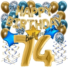 Dekorations-Set mit Ballons zum 74. Geburtstag, Happy Birthday Chrome Blue & Gold, 34 Teile