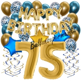 Dekorations-Set mit Ballons zum 75. Geburtstag, Happy Birthday Chrome Blue & Gold, 34 Teile