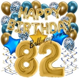 Dekorations-Set mit Ballons zum 82. Geburtstag, Happy Birthday Chrome Blue & Gold, 34 Teile