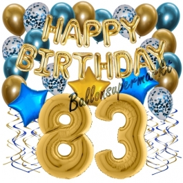 Dekorations-Set mit Ballons zum 83. Geburtstag, Happy Birthday Chrome Blue & Gold, 34 Teile