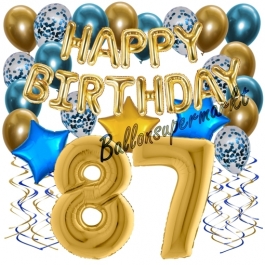 Dekorations-Set mit Ballons zum 87. Geburtstag, Happy Birthday Chrome Blue & Gold, 34 Teile