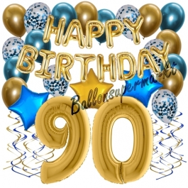 Dekorations-Set mit Ballons zum 90. Geburtstag, Happy Birthday Chrome Blue & Gold, 34 Teile