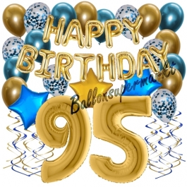 Dekorations-Set mit Ballons zum 95. Geburtstag, Happy Birthday Chrome Blue & Gold, 34 Teile