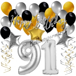 91. Geburtstag Dekorations-Set mit Ballons Happy Birthday Glamour, 34 Teile