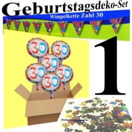 Geburtstagsdeko-Set 1 zum 30. Geburtstag, Wimpelkette Zahl 30, Tischkonfetti 30 und 10 Heliumballons Zahl 30