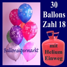 Geburtstagsdekoration: 0 Zahlenballons, Zahl 18 zum 18, Geburtstag mit dem Helium-Einwegbehälter