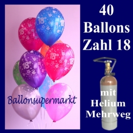 Geburtstagsdekoration, 40 Luftballons Zahl 18, zum 18. Geburtstag mit Helium-Mehrweg