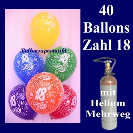 Geburtstagsdekoration, 40 Luftballons Zahlenballons 18, zum 18. Geburtstag mit Helium-Mehrweg