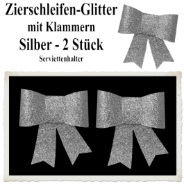 Glitter-Zierschleifen, Schleifendekoration Silber, 2 Schleifen mit Klammern, 6,5 cm x 6,5 cm