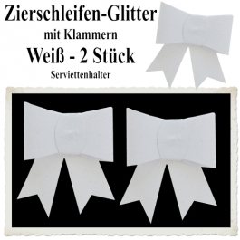 Glitter-Zierschleifen, Schleifendekoration Weiß, 2 Schleifen mit Klammern, 6,5 cm x 6,5 cm