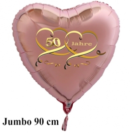 90 cm großer Jumbo Herzballon aus Folie, 50 Jahre Roségold, mit Ballongas Helium, Dekoration Goldene Hochzeit