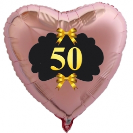 Herzballon aus Folie, 50 mit goldenen Schleifen, roségold, Dekoration Goldene Hochzeit
